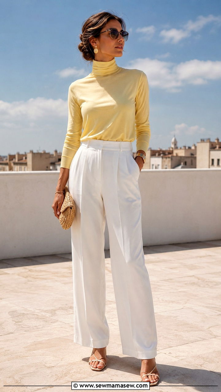 Butter yellow turtleneck with white trousers spring outfit - 30 Spring outfits with turtleneck