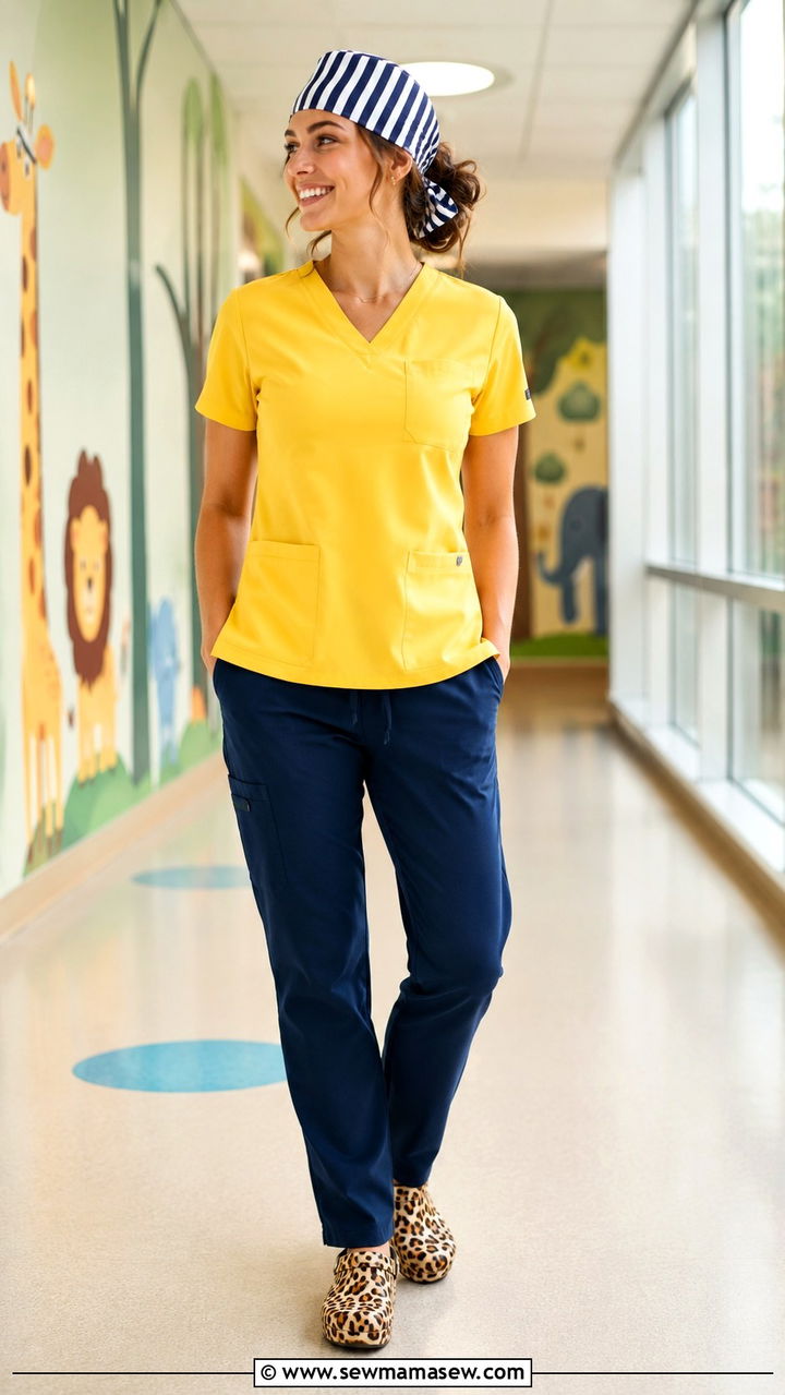 Buttercup Yellow Scrub Top With Navy Pants And Animal Print Clogs - 25 Pediatric nurse outfit ideas