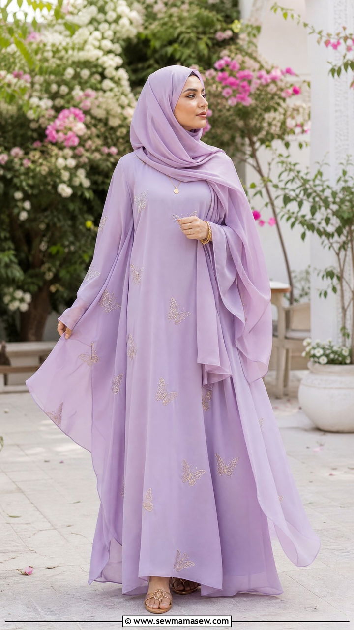 Butterfly Abaya with Flowing Chiffon Hijab - 30 Eid outfit ideas with hijab