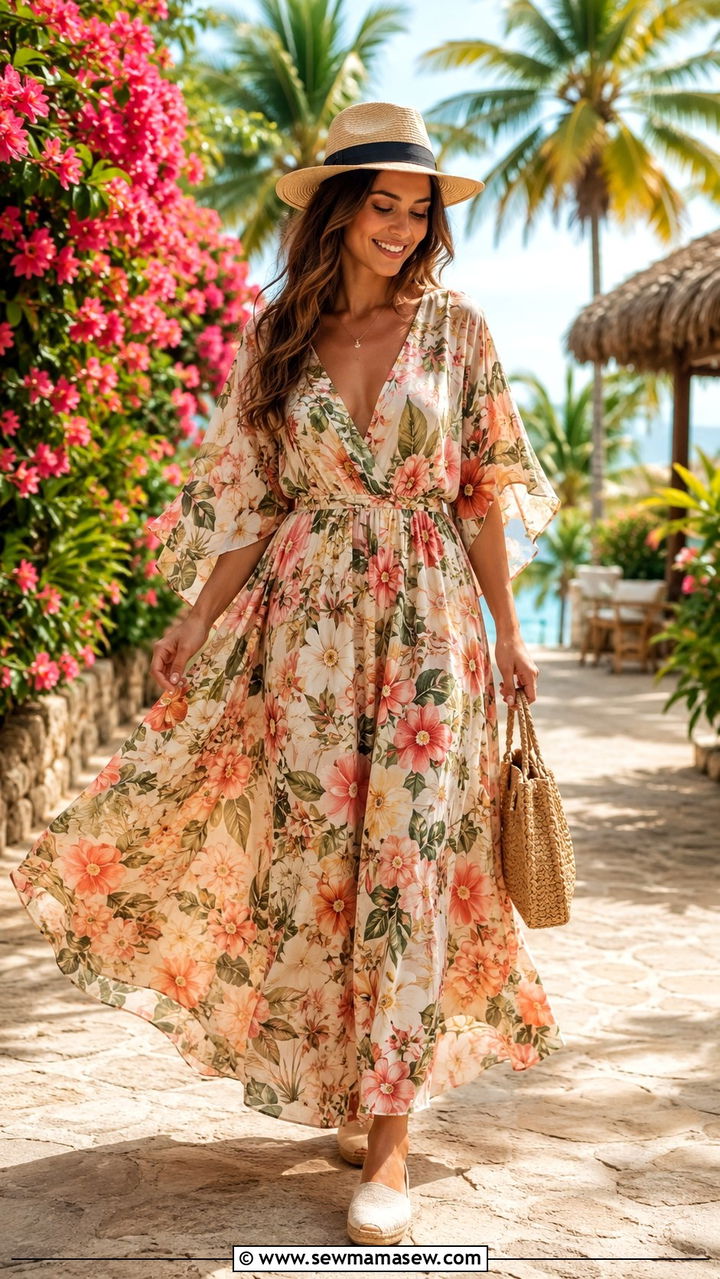 Butterfly Sleeve Maxi Dress And Woven Accessories - 30 Maxi dress with sleeves outfit ideas