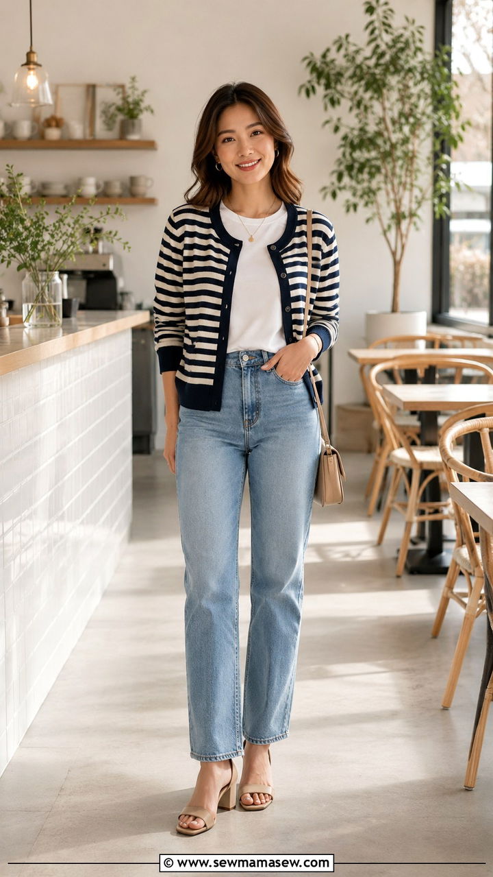 Button Cardigan Straight leg Jeans - 30 casual outfits for short women