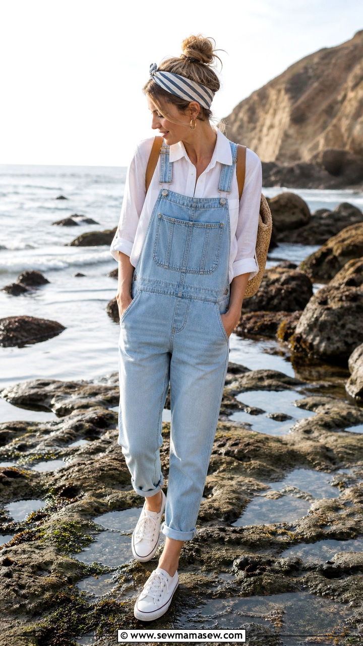 Button Down And Denim Overalls - 40 summer coastal grandmother outfits