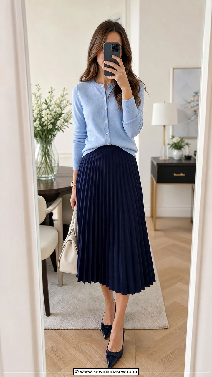 Button Down Cardigan And A Pleated Midi Skirt - 25 Mid April outfit ideas