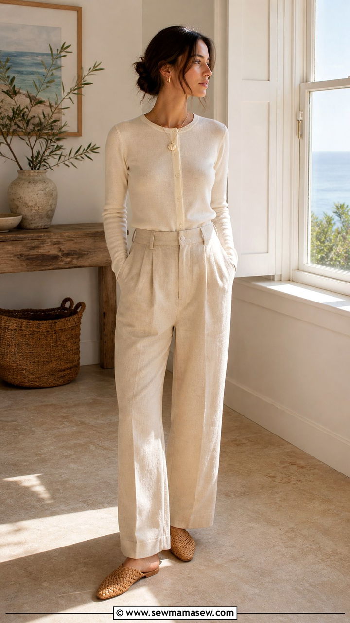 Button Down Cardigan with Linen Trousers - 40 Cozy spring outfits