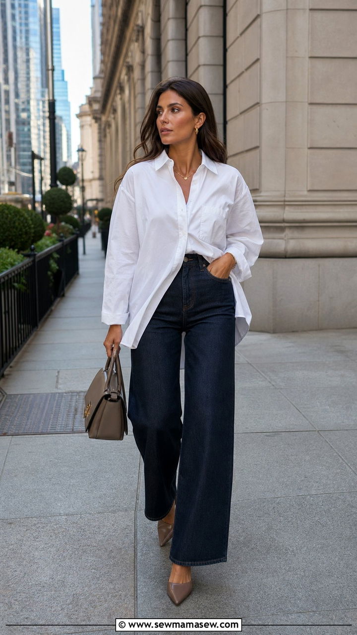 Button Down Cover Up Half Tucked With High Waist Wide Leg Jeans - 35 Button down cover up outfit ideas