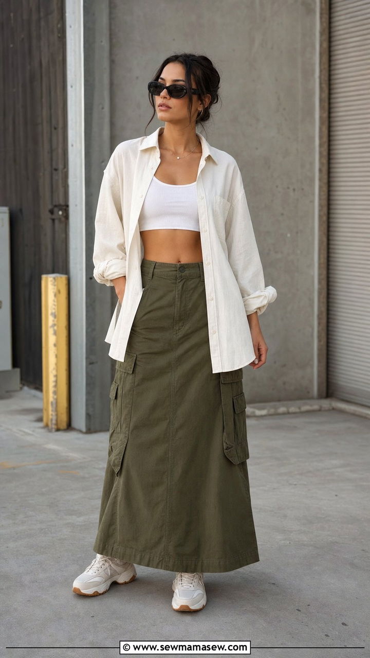 Button Down Cover Up Open Over a Crop Top and Cargo Skirt - 35 Button down cover up outfit ideas
