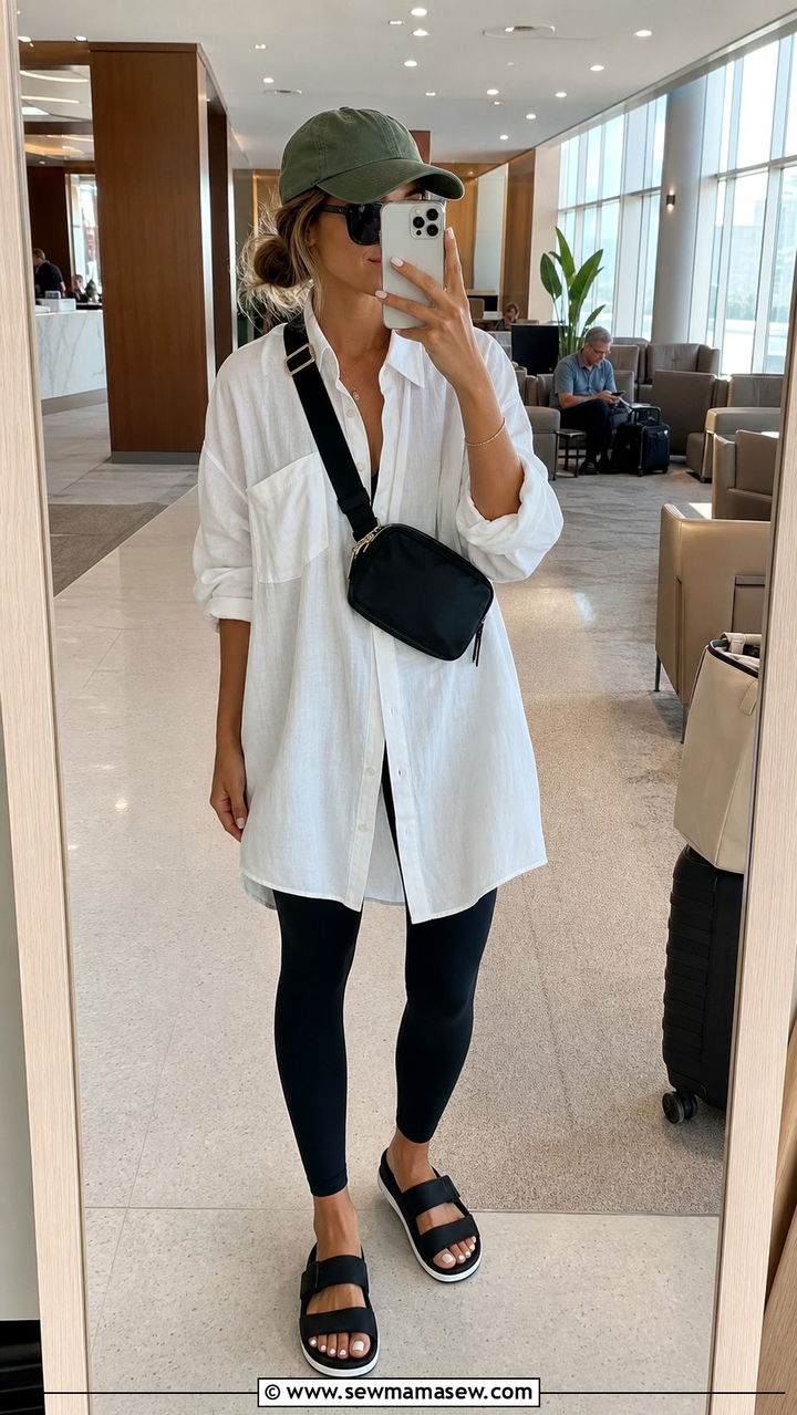 Button Down Cover Up With Black Leggings and Sporty Sandals - 35 Button down cover up outfit ideas
