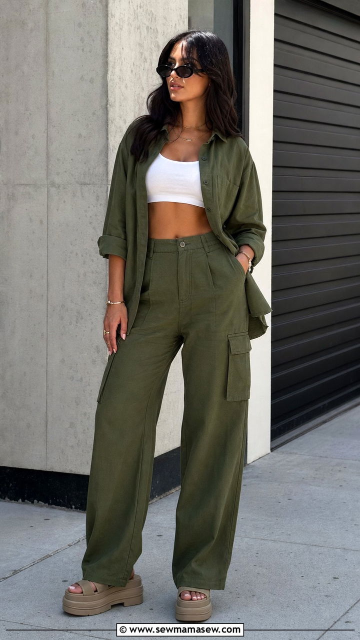 Button Down Cover Up With Cargo Pants and Chunky Sandals - 35 Button down cover up outfit ideas