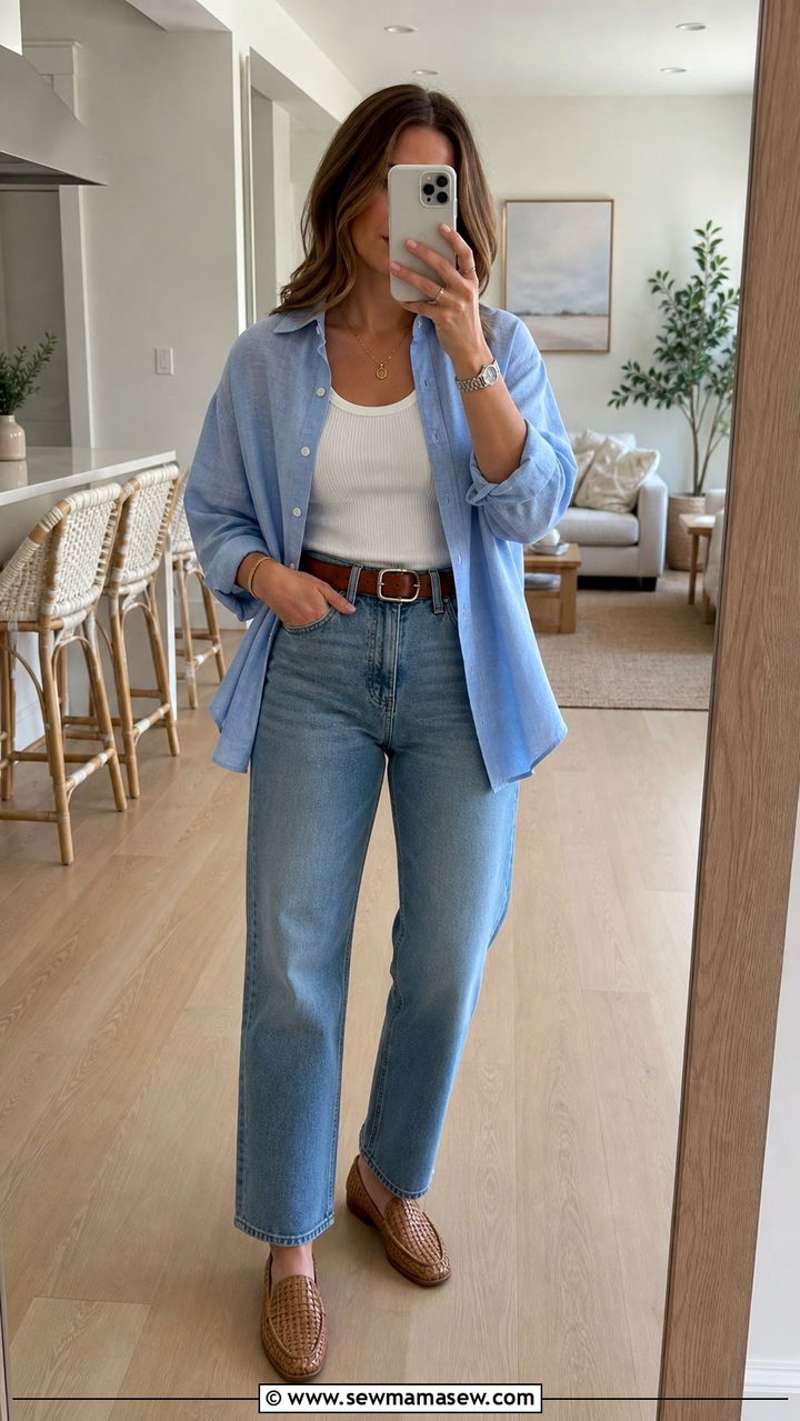 Button Down Cover Up With Tank Top and Straight Leg Jeans - 35 Button down cover up outfit ideas