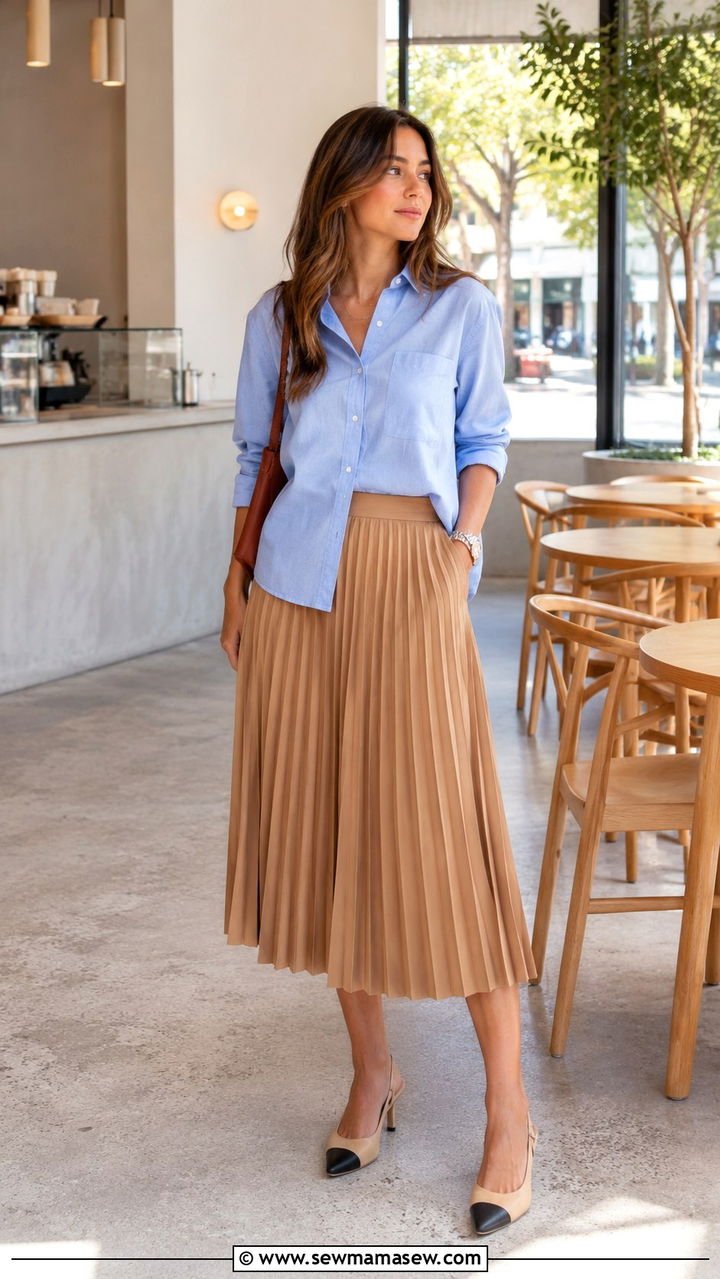 Button Down Half Tucked Into Pleated Midi Skirt With Slingback Heels - 30 Pleated skirt outfit ideas with a button down