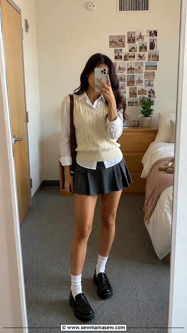 Button Down Layered Under A Sweater Vest With Pleated Mini Skirt And Loafers - 30 Pleated skirt outfit ideas with a button down