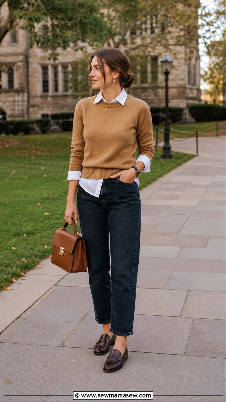 Button Down Layered Under Sweater With Mom Jeans - 30 Mom jeans outfit ideas with a button down