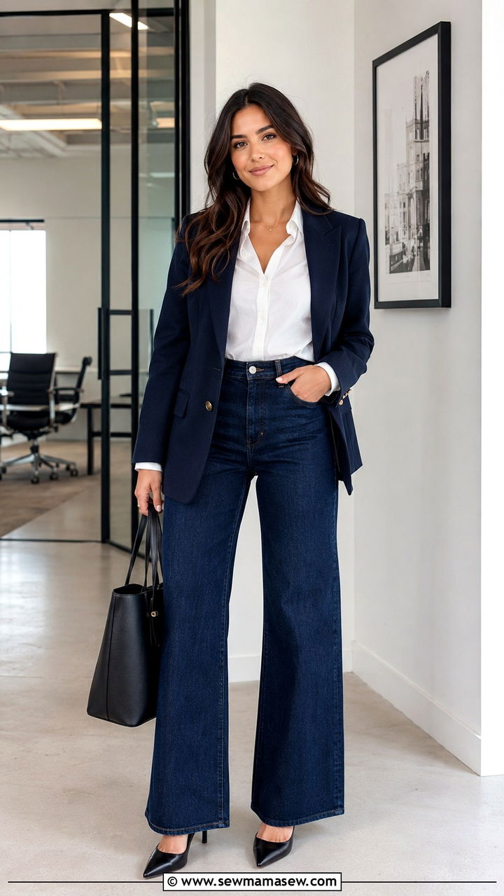 Button Down Layered Under a Blazer with High Waisted Jeans for Work - 30 High waisted jeans outfit ideas with a button down