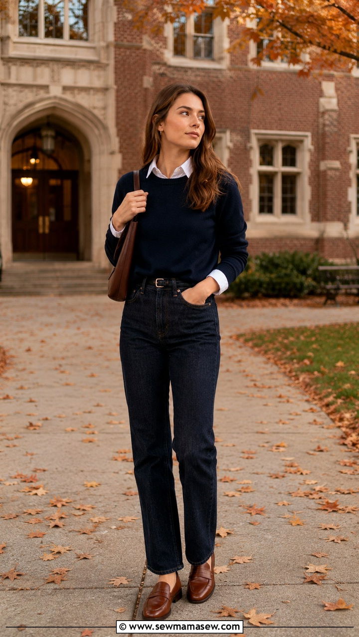 Button Down Layered Under a Sweater with High Waisted Jeans - 30 High waisted jeans outfit ideas with a button down
