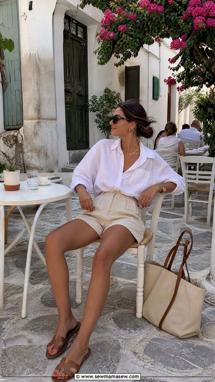 Button Down Linen Shirt and High Waisted Linen Shorts - 35 Greece summer outfit ideas