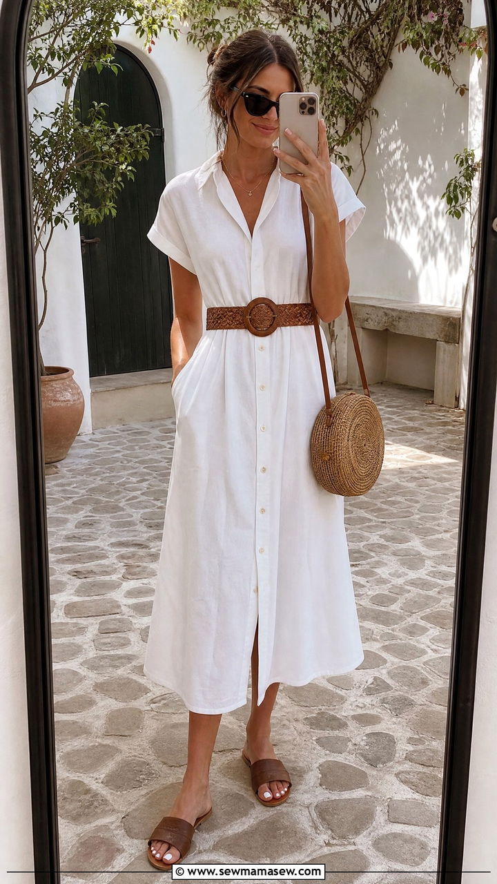 Button Down Midi Dress and Woven Belt Travel Outfit - 40 travel outfits ideas