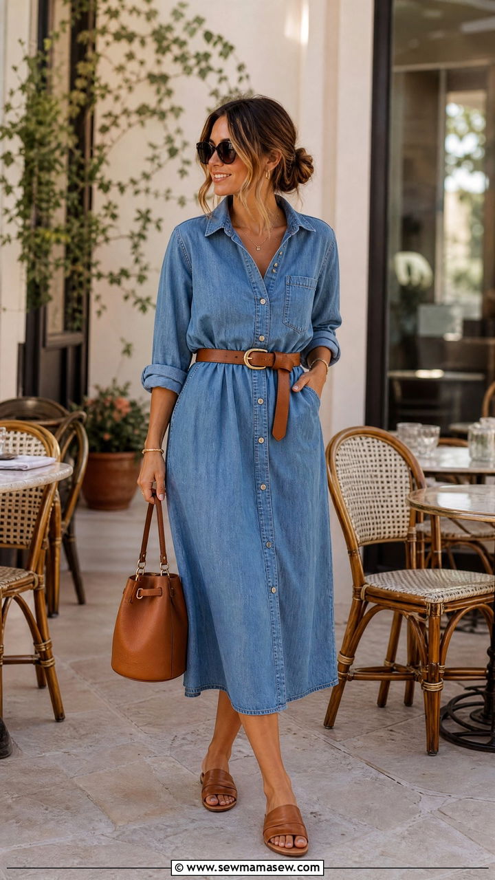 Button Down Midi Dress with a Waist Belt - 25 Brunch outfit ideas with a midi dress