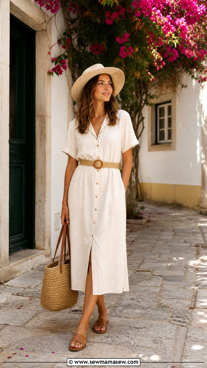 Button Down Midi Dress with a Woven Belt - 40 What to wear in Lisbon