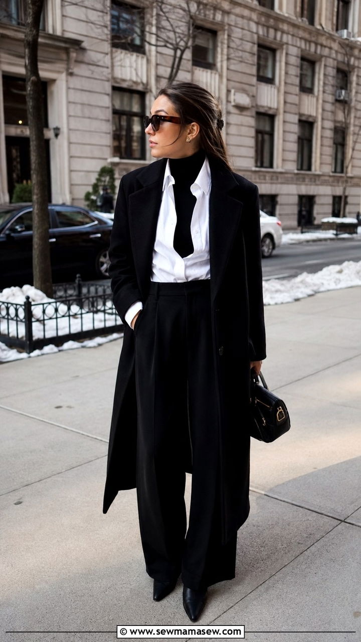 Button Down Over Turtleneck with Wide Leg Black Pants - 25 Wide leg black pants outfit ideas with a button down