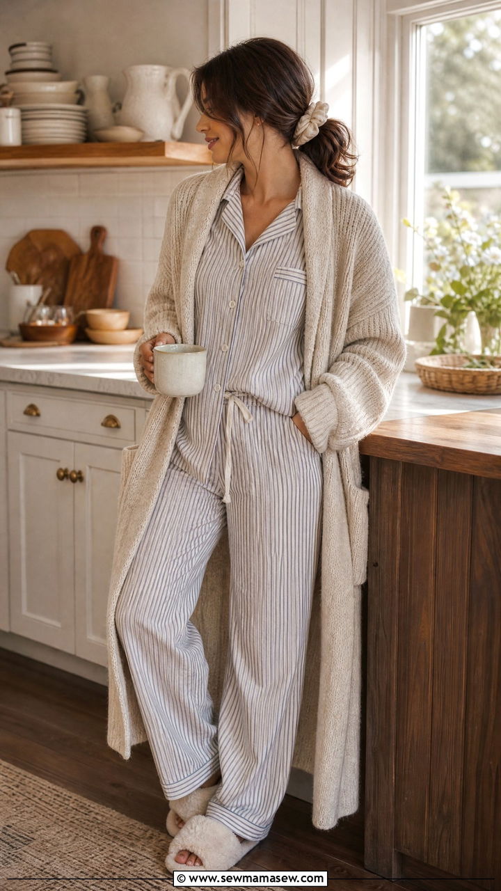 Button Down Pajama Set with Cozy Slippers - 25 Loungewear outfit ideas for moms