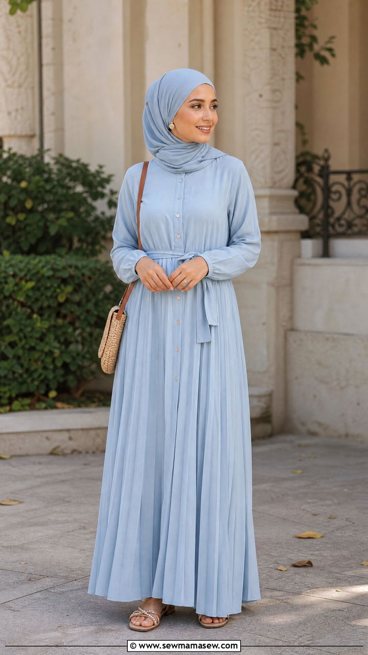 Button Down Pleated Maxi Dress - 30 Eid outfit ideas for hijabis