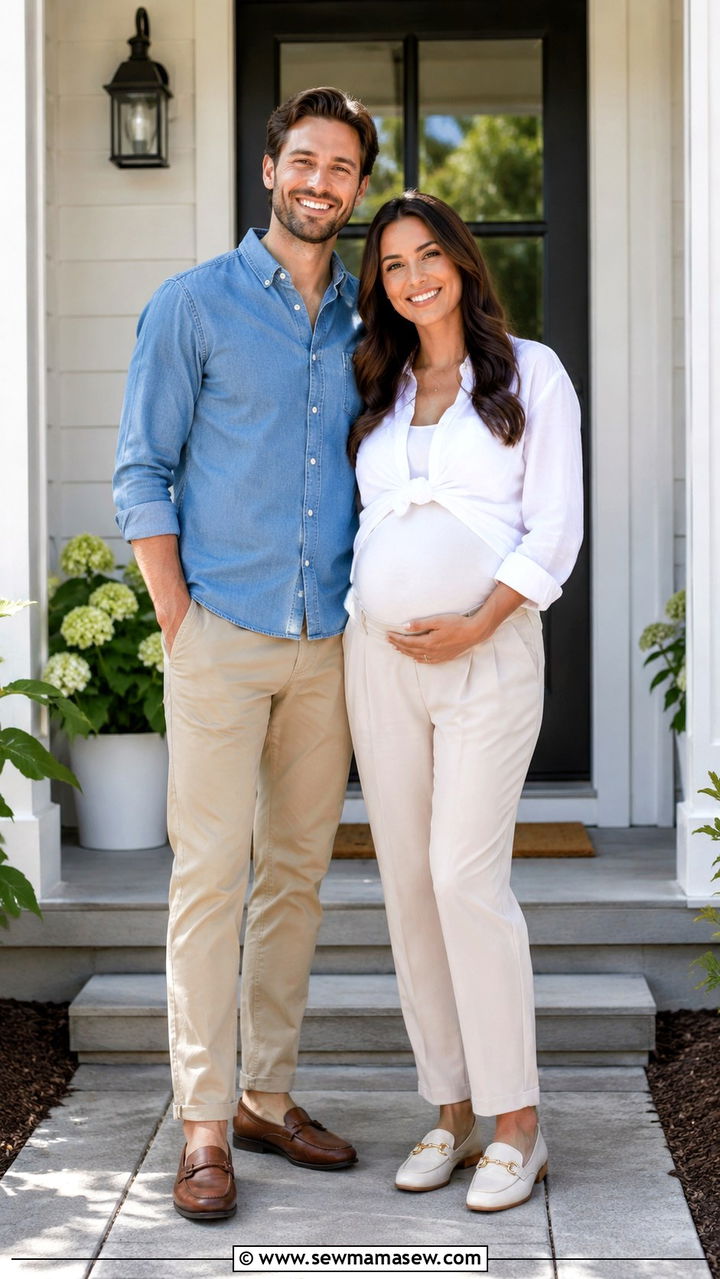 Button Down Shirt And Chinos Classic Couple - 20 Baby announcement photo outfit ideas