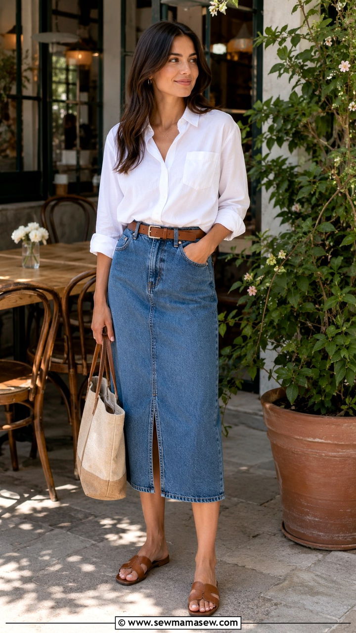 Button Down Shirt And Denim Skirt With Flat Sandals - 30 Spring outfits with sandals