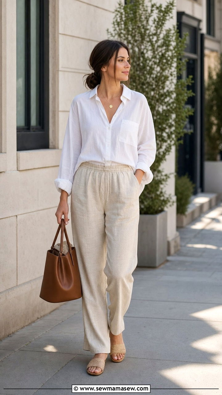 Button Down Shirt And Linen Pants - 25 Spring outfit ideas for postpartum women