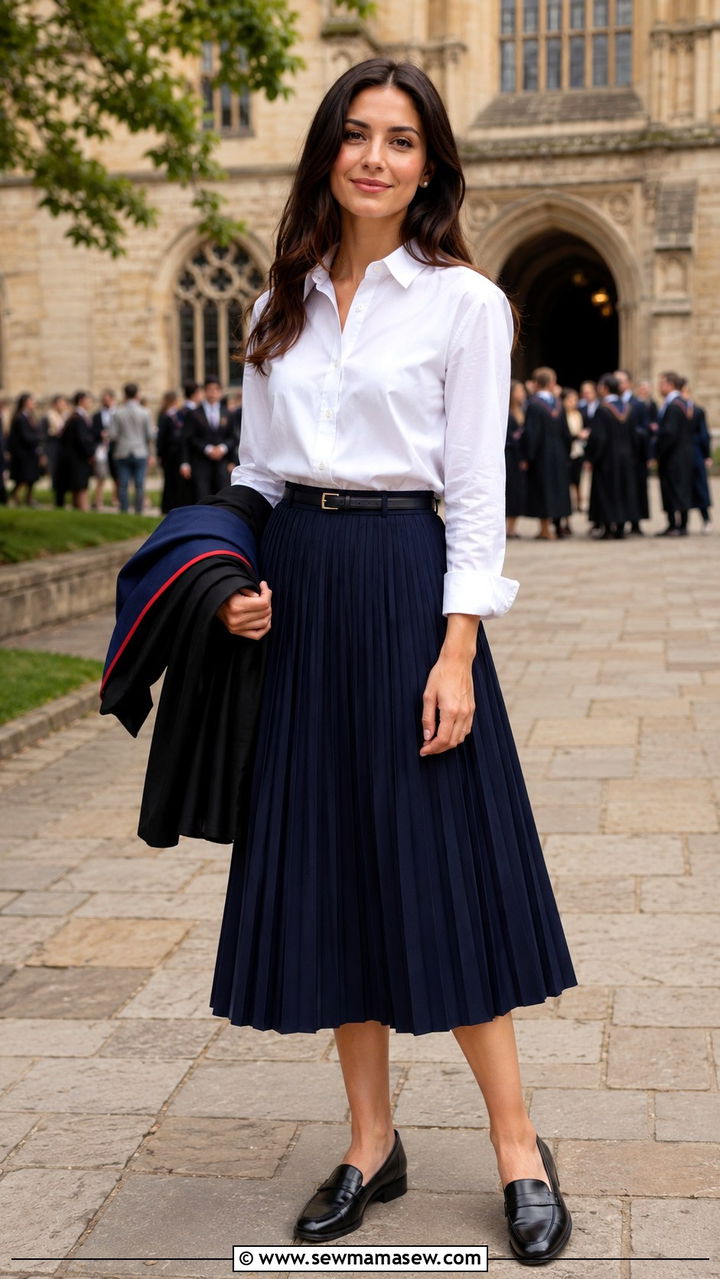 Button Down Shirt And Midi Skirt Outfit For PhD Graduation - 20 PhD graduation outfit ideas