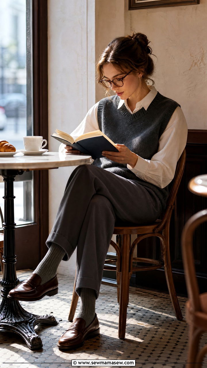 Button Down Shirt And Sweater Vest - 30 Cozy reading outfit ideas