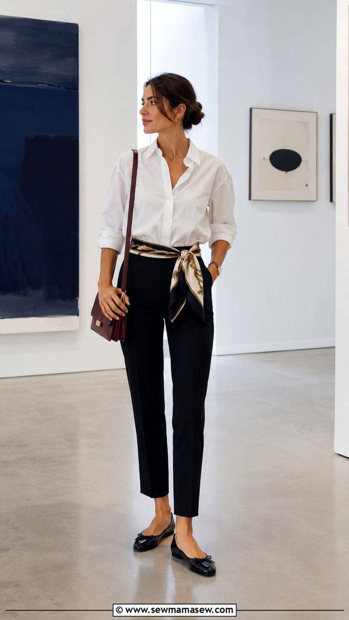 Button Down Shirt And Trousers With Scarf As A Belt - 20 Old money outfit ideas with silk scarf Hermes style