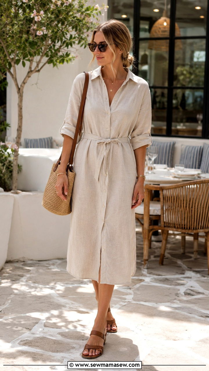 Button Down Shirt Dress In Beige - 20 Coastal grandmother outfit ideas 2026