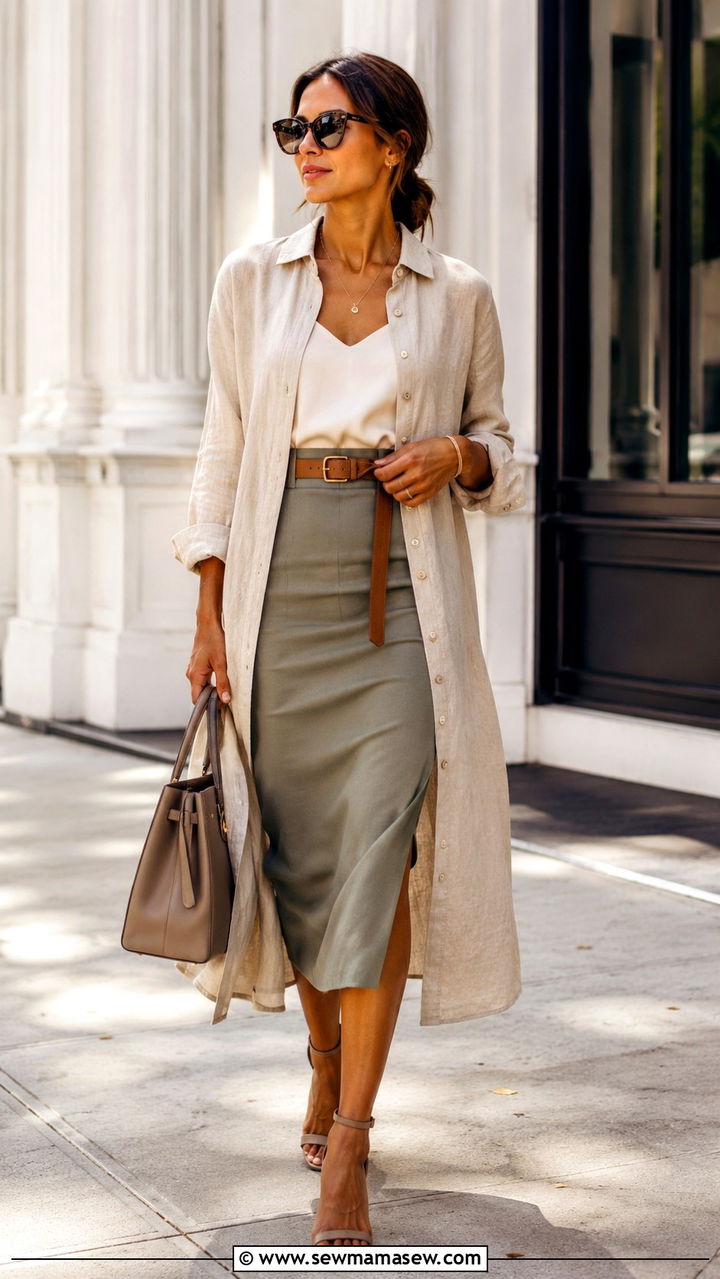 Button Down Shirt Dress Styled With A Midi Skirt - 30 Midi skirt outfit ideas with a button down