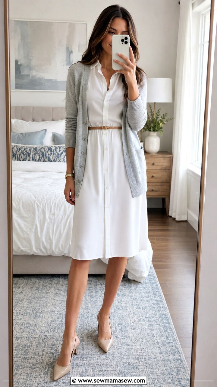 Button Down Shirt Dress With Cardigan And Slingback Heels - 30 Preppy work outfits