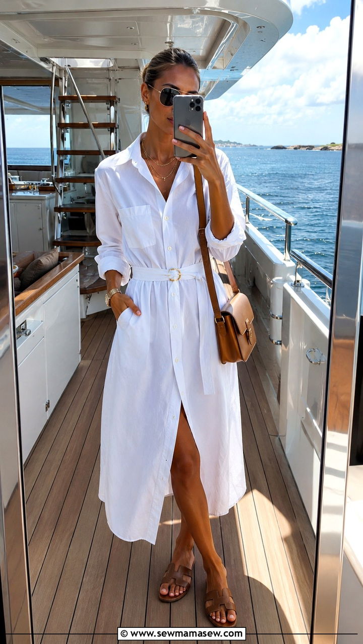 Button Down Shirt Dress With Leather Sandals - 20 Summer yacht outfit ideas