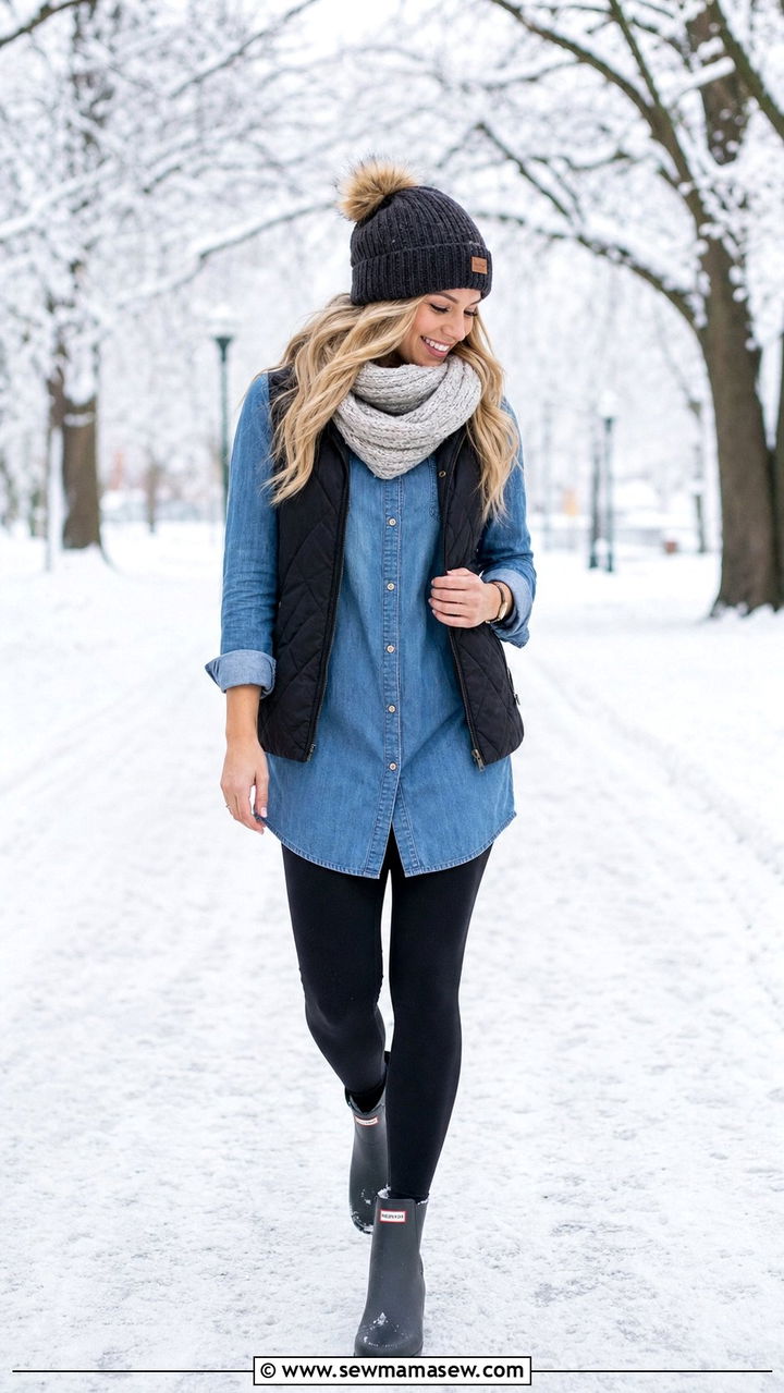 Button Down Shirt Dress With Puffer Vest - 25 Shirt dress outfit ideas with a jacket