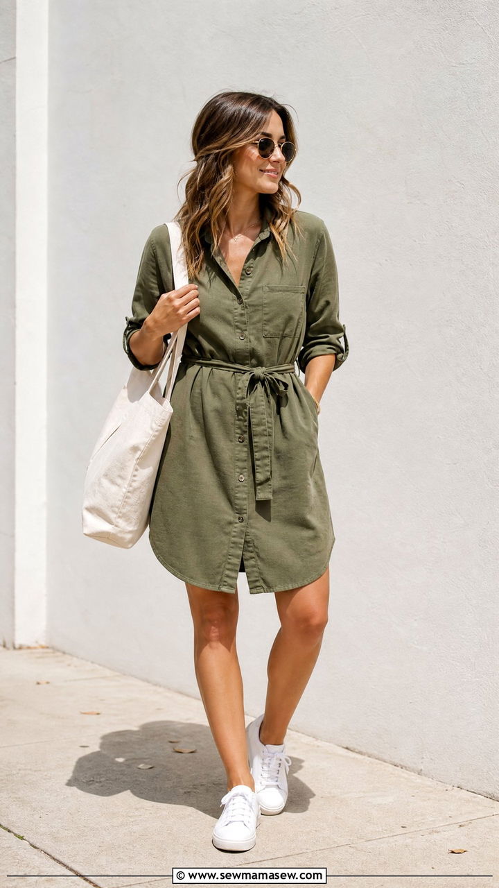 Button Down Shirt Dress With Waist Belt And Sneakers - 25 Outfits for wide shoulders