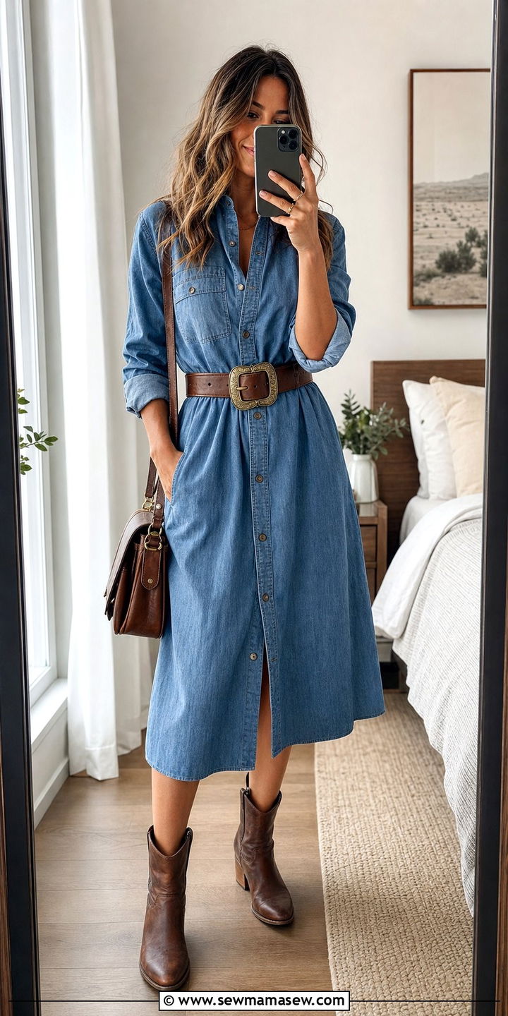 Button Down Shirt Dress With Western Belt And Ankle Boots - 35 April outfit ideas