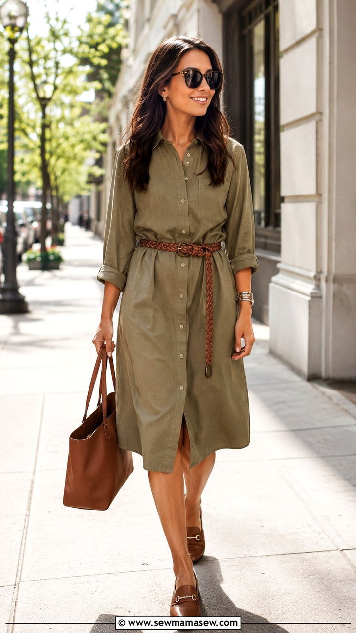 Button Down Shirt Dress With a Braided Belt and Loafers - 30 classy Pinterest outfits