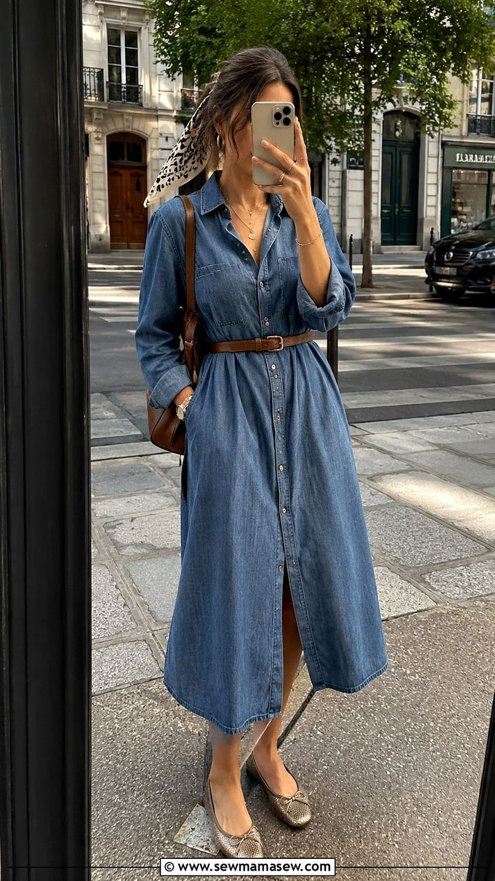 Button Down Shirt Dress and Ballet Flats - 30 How to style ballet flats in summer