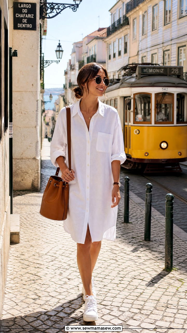 Button Down Shirt Dress and Sneakers Outfit - 25 casual Europe travel outfits
