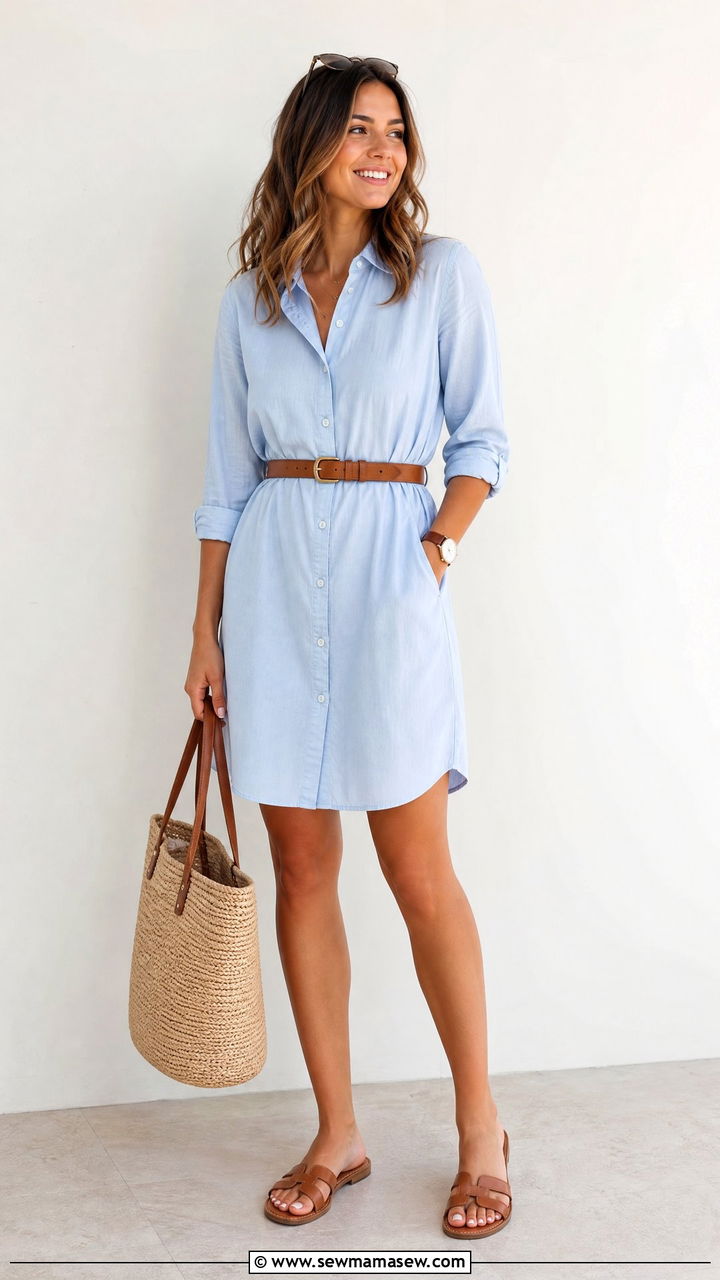 Button Down Shirt Dress with a Belt - 30 Girls brunch outfit ideas