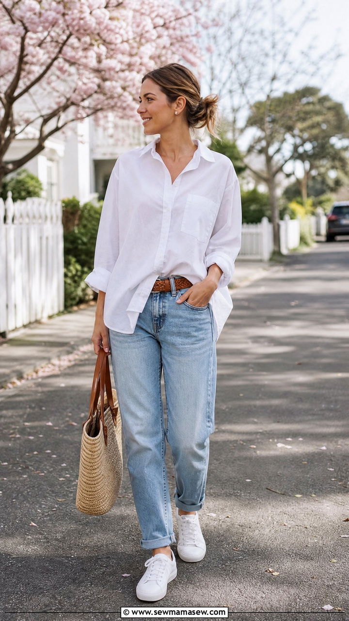 Button Down Shirt Half Tucked into Relaxed Denim - 20 Spring outfits for 60 degree weather