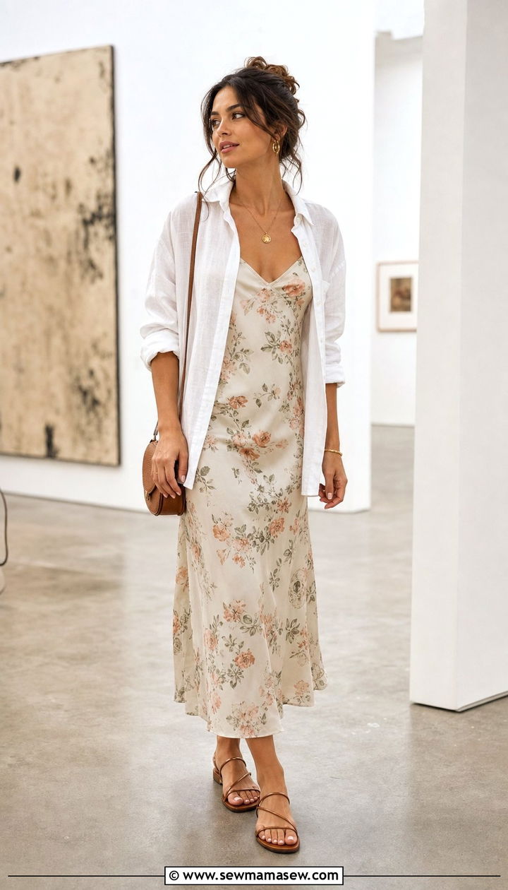 Button Down Shirt Layered Open Over a Slip Dress - 25 summer button down shirt outfit ideas