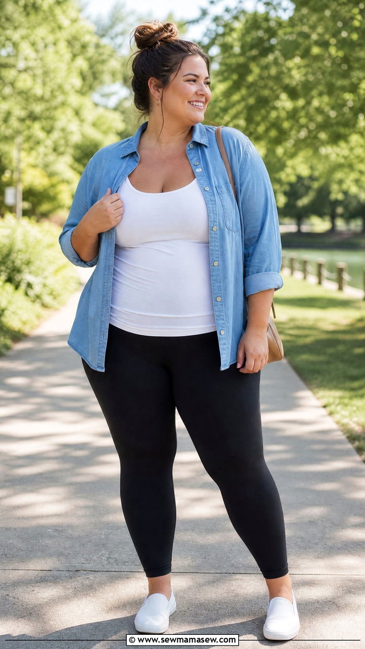 Button Down Shirt Layered Over Nursing Tank and Leggings - 25 Plus size nursing outfit ideas