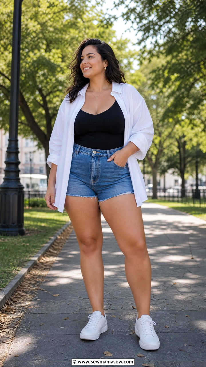 Button Down Shirt Open Over Camisole with Denim Shorts - 25 Outfit ideas for big bust summer