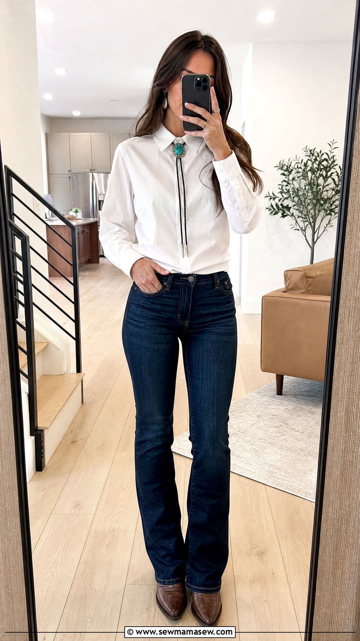 Button Down Shirt Outfit With Turquoise Bolo Tie - 20 Western outfit ideas with turquoise jewelry