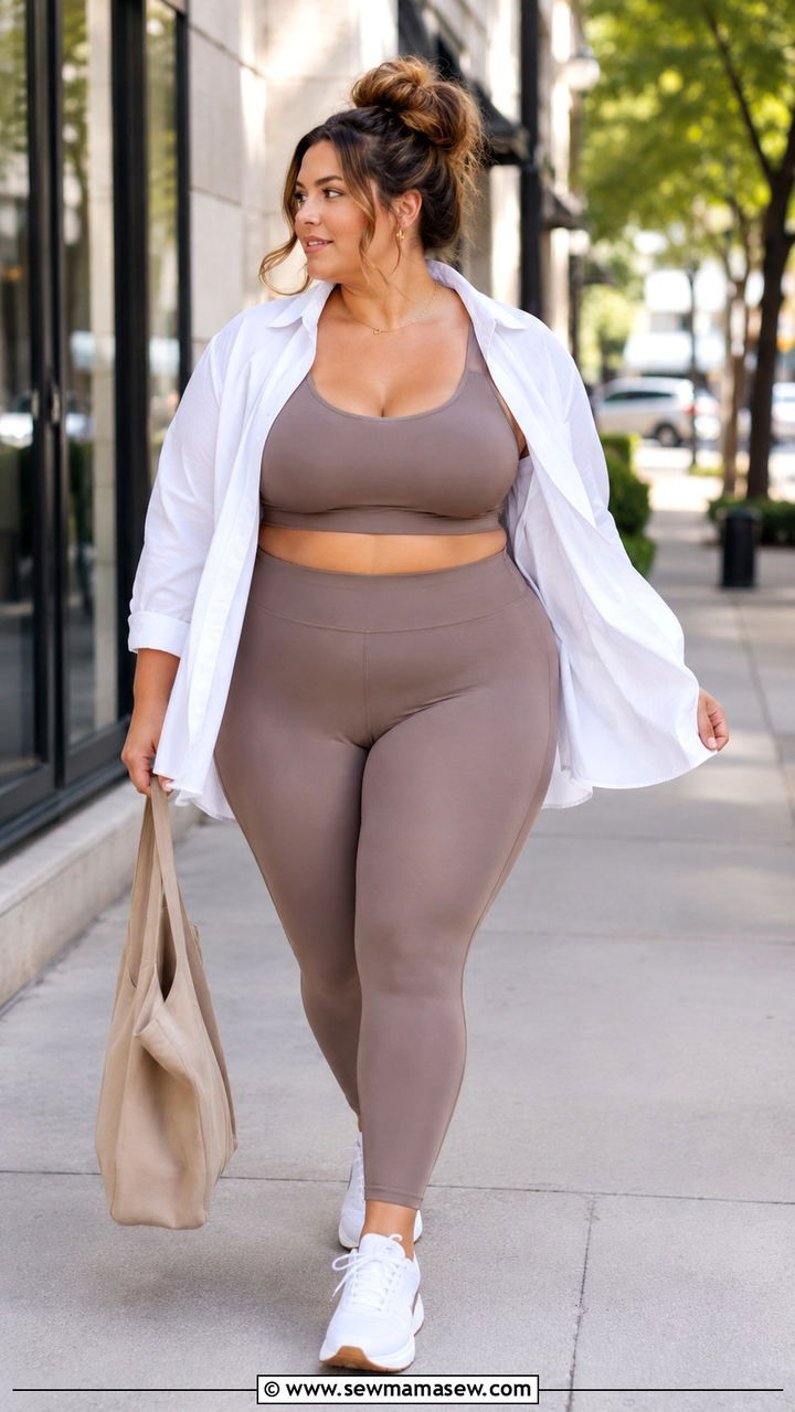 Button Down Shirt Over Matching Set - 30 Pilates outfit ideas plus size