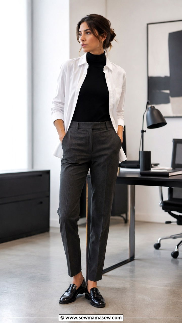 Button Down Shirt Over Turtleneck With Trousers And Loafers - 30 transitional outfits inspo