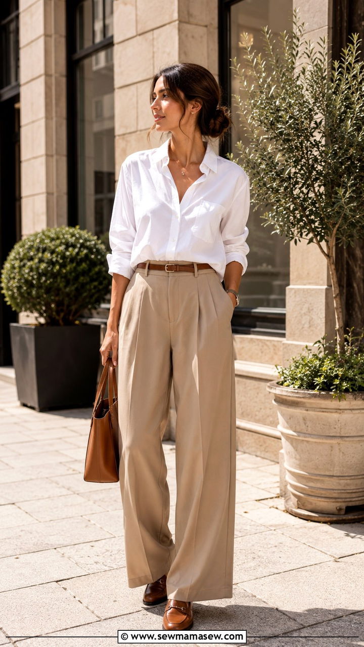 Button Down Shirt Tucked Into Wide Leg Trousers - 30 how to style wide leg pants outfits